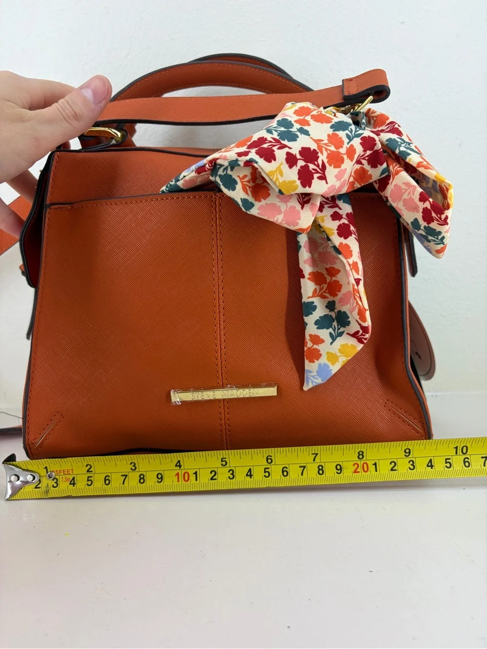 Steve Madden Orange Crossbody Satchel with Floral Scarf Accent - Picture 10 of 10